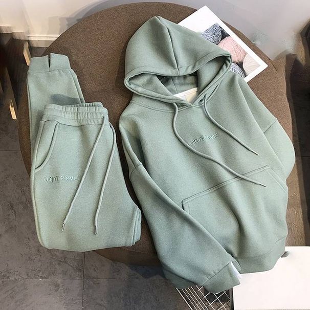 Women's Clothing Autumn And Winter Thickened Velvet Hooded Sweatshirt Suit Letter Sports Leisure Fashion Western Style Two Piece Suit_ecoleips.com