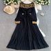 Women's Clothing High Quality! Elegant Lady Heavy Work Show Pearl Sequin Round Neck Dress Dress Female Waist Slim Pleated Long Skirt_ecoleips.com