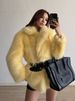 Women’s Faux Fur Coat – Mid-Length Winter Jacket With Notched Lapel (S/M/L, Peacock Blue/Lemon Yellow)_ecoleips.com