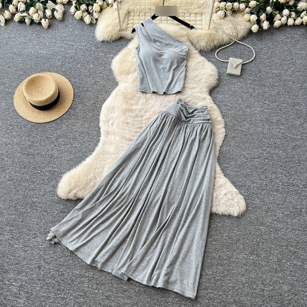 Off Shoulder Midi Skirt Set Women's Relaxed Style Slimming Elegant Fashion Summer High Waisted_ecoleips.com