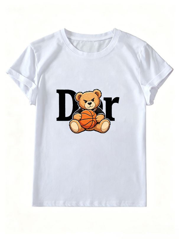 Women Crew Neck Short Sleeve T Shirt Basketball Bear Letter Graphic Tee Sporty Retro Hip Hop Loose Casual Streetwear Summer Tops_ecoleips.com