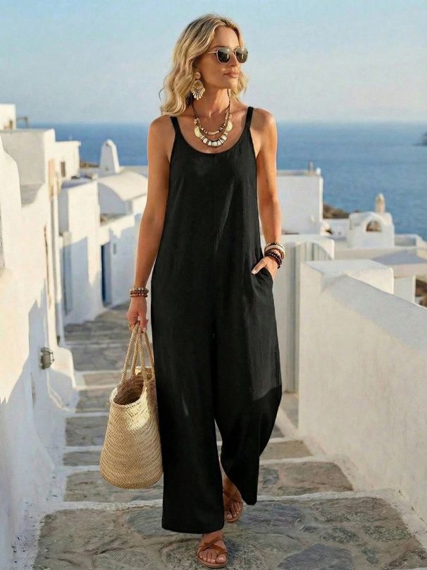 Women's Clothing Summer New Casual Solid Color Khaki Wide Leg Jumpsuit American Style_ecoleips.com