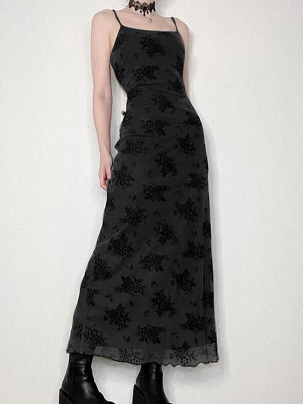 Gothic Black Summer Dress Women Streetwear Lolita Floral Print Sleeveless Mesh Patchwork Sexy Dress Party Club Elegant Dresses_ecoleips.com