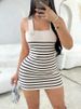 Women's Blue Striped Sundress Wide Strap Square Neck Stretchy Ribbed Knit Bodycon Mini Dress Casual Summer Daily Party Dress_ecoleips.com