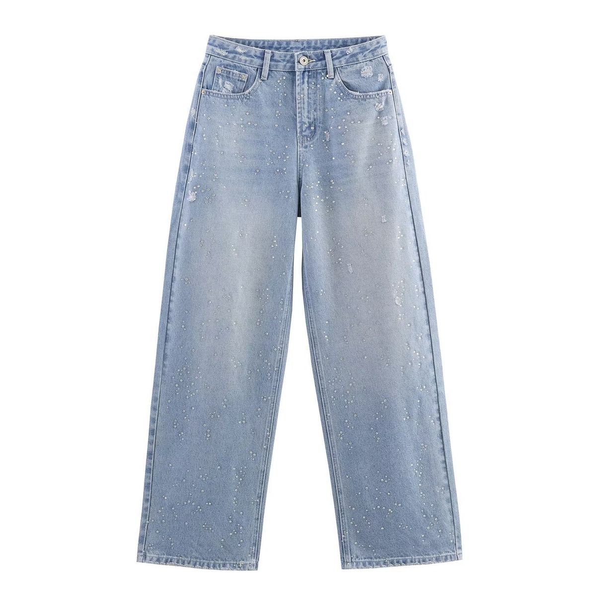 Rhinestone-Embellished Denim Jacket & High-Waisted Straight Jeans Set – Trendy Two-Piece Outfit For Women (XS/S/M/L, Blue)_ecoleips.com