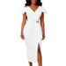 Elegant White V-Neck Crystal Embellished Dress – Flowy Ruffled Sleeves & High Slit Bodycon Party Gown_ecoleips.com