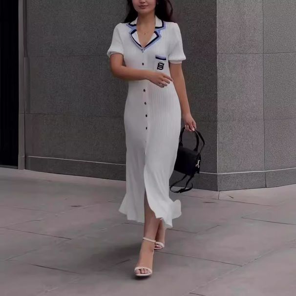 Elegant Knitted Maxi Dress PoIo Collar Short Sleeved Lapel Colorful Embroidered Long Dress For Women New Spring Summer Style_ecoleips.com