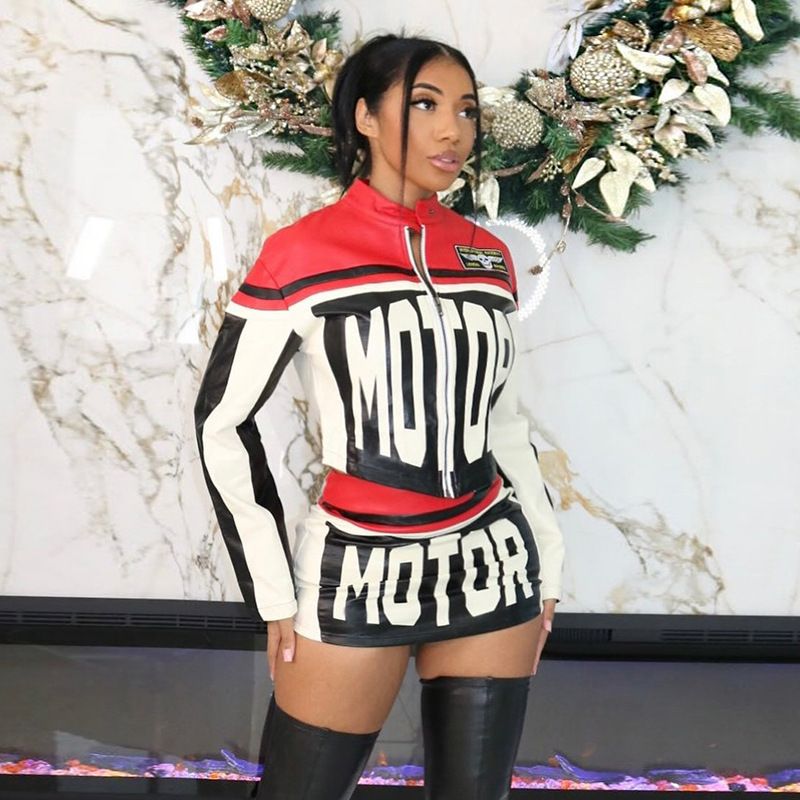 D9618 Women's Clothing Casual Fashion Letter Pattern Sleeve Long Short Skirt Two-Piece Set_ecoleips.com