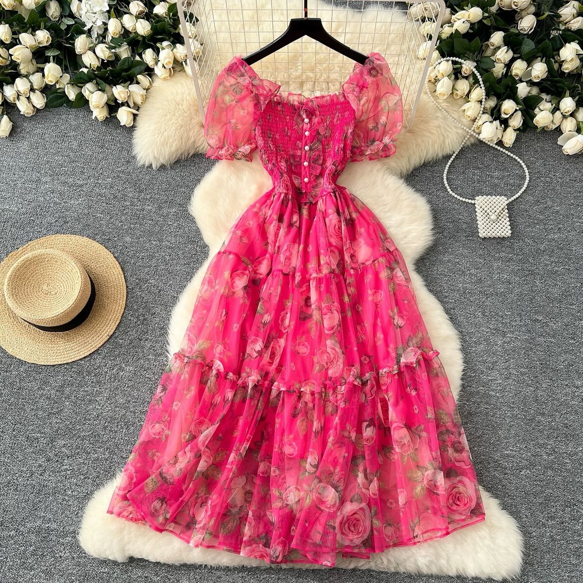 Women's Clothing Tea Break Chiffon Dress Waist Temperament One Shoulder Puff Sleeve Mesh Skirt_ecoleips.com