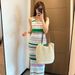 Ice Silk Slim Fit Sleeveless Dress for Women Elegant Light Luxury Color Block Striped Knitted Pullover Summer Autumn New Style_ecoleips.com