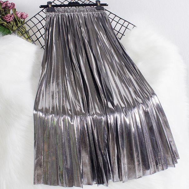 Metallic Shiny Reflective 2025 New Fashionable High Waist Slimming Pleated Mid-Length Half Skirt For Women_ecoleips.com