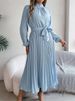 Elegant Stand Collar Full Sleeve Closed Waist Pleated Dress Women Autumn Winter Long Dress_ecoleips.com