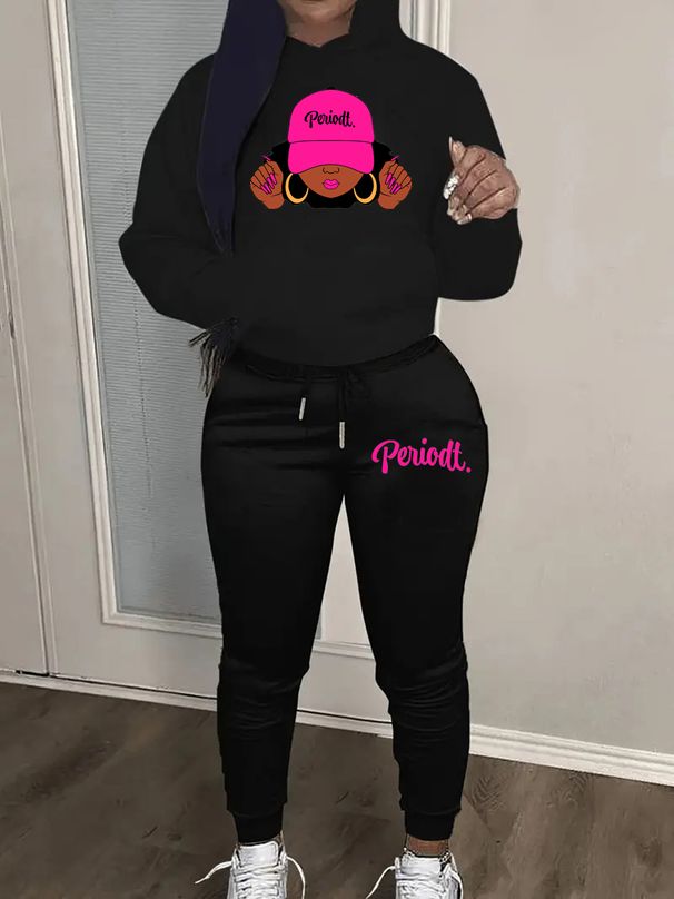 Women's Autumn And Winter Casual Fashion Letter Pattern Printed Thick Velvet Warm Hooded Sweatshirt+sweatpants Set-675_ecoleips.com