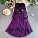 Elegant French Style Metallic V Neck Dress For Women Lantern Sleeve Summer Style Fitted Waist Full Skirt_ecoleips.com