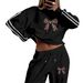 Women's Autumn Winter Bow Print Fleece Lined Thick Sports Sweatshirt Set Casual Loose Fit Pattern_ecoleips.com