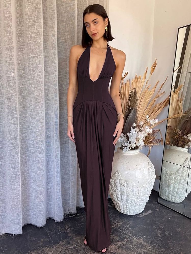 Mozision Deep V Neck Backless Sexy Maxi Dress Women Elegant Halter Sleeveless High Waist Pleated Split Club Party Long Dresses_ecoleips.com