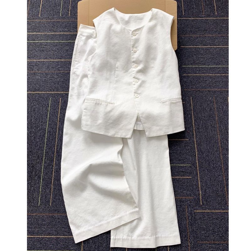 Women's Clothing White Suit For Women Summer New Linen Vest Vest Wide Leg Pants Two Piece Suit_ecoleips.com