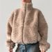 Trendy Faux Shearling Jacket For Women – Oversized Cozy Fleece Coat (S-Xl, Beige/Pink/White/Brown, Polyester, Streetwear Chic With Stand Collar)_ecoleips.com