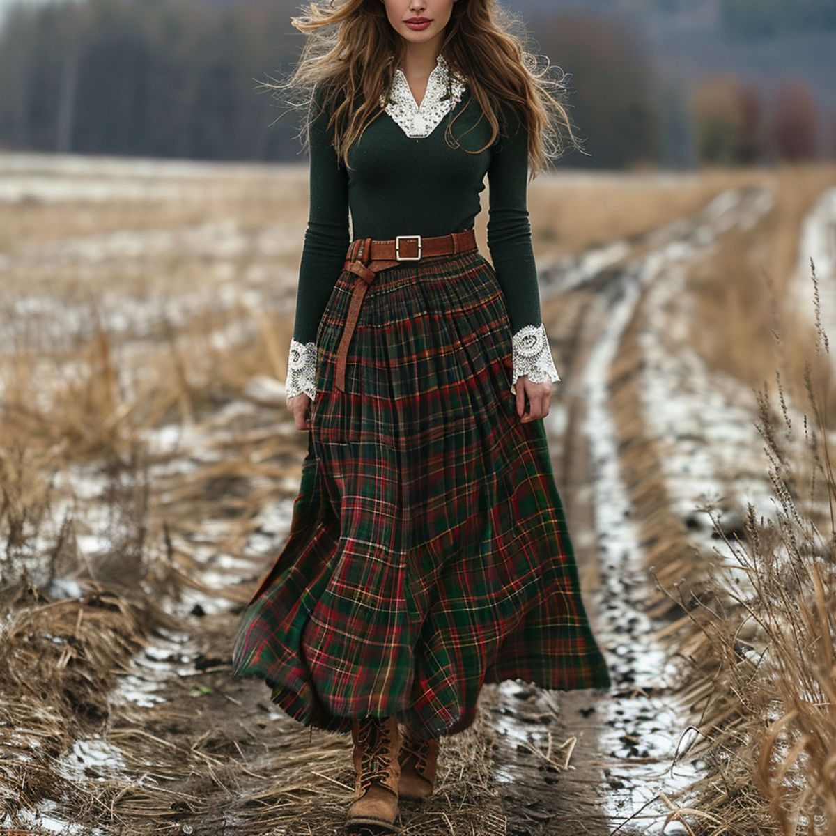 Women's Autumn And Winter Plaid Large Pendulum Skirt Vintage V-Neck Long Sleeve Pastoral Dress_ecoleips.com
