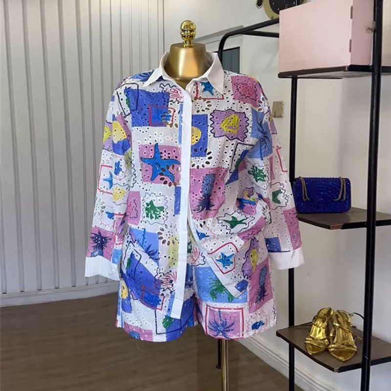 Women's Clothing Fashion Printing Hollow Lapel Long Sleeved Shirt Shorts Casual Suit_ecoleips.com