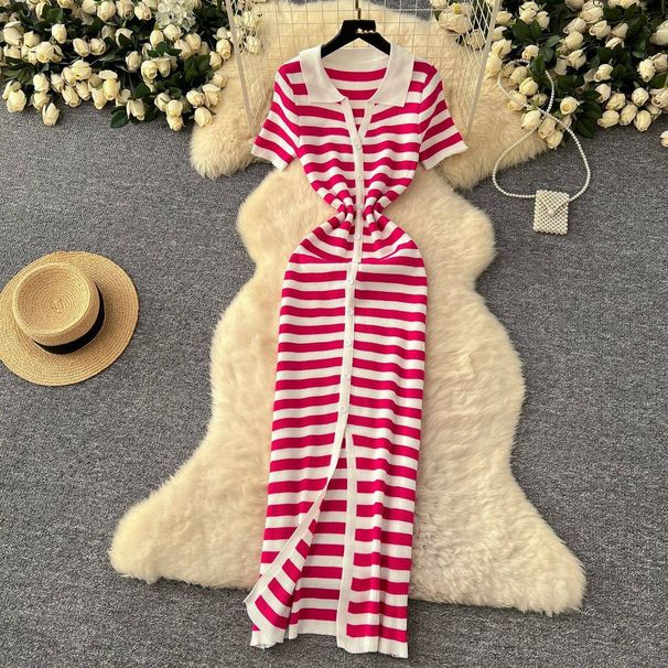 Women's Clothing Retro Celebrity Contrast Color Lapel Single Breasted Start Striped Knitted Dress Female Slim Long Skirt_ecoleips.com