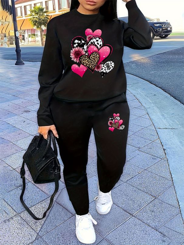 Women's Autumn/Winter Hip Hop Casual Street Fashion Heart Pattern Printed Round Neck Sweatshirt+Sweatpants Warm Set-663_ecoleips.com