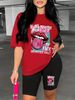 Summer Women's Casual And Fashionable Lip Print Letter Print Loose T-shirt+shorts Two-piece Sportswear Suitable For Daily Wear-79_ecoleips.com