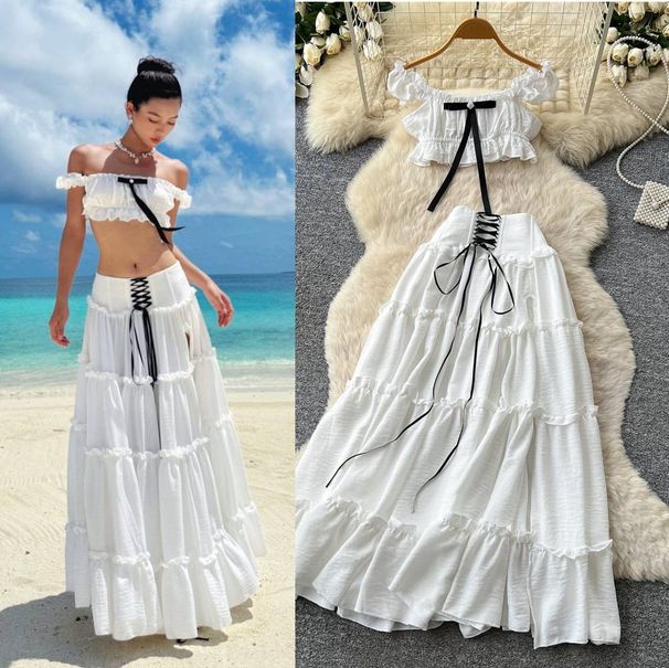 Women's Clothing Women's Sweet Style Two Piece Set Off Shoulder Puff Sleeve Top And High Waisted Tiered Skirt Slimming High Waist Summer_ecoleips.com