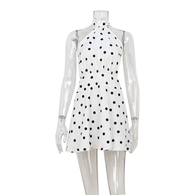 Women's Summer Pure Desire Sleeveless Knot Neck Backless High Waist A-Line Slimming Polka Dot Print Versatile Dress_ecoleips.com