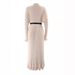 Elegant Muslim Long Sleeve Maxi Dress With Belt - High Waist Knitted Office Dress For Women - Soft Polyester Blend Stretchy Fabric - Beige_ecoleips.com