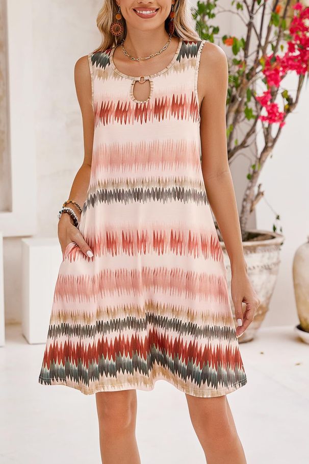 Women's Clothing Women's Printed V-Neck Sleeveless Dress Knee-Length With Pocket For Formal & Casual For Women_ecoleips.com