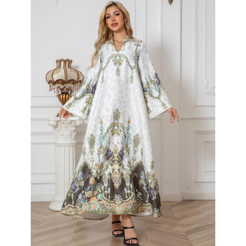 SW1003 Muslim Women's Clothing Robe Printed Beaded Long Dress Abayas_ecoleips.com