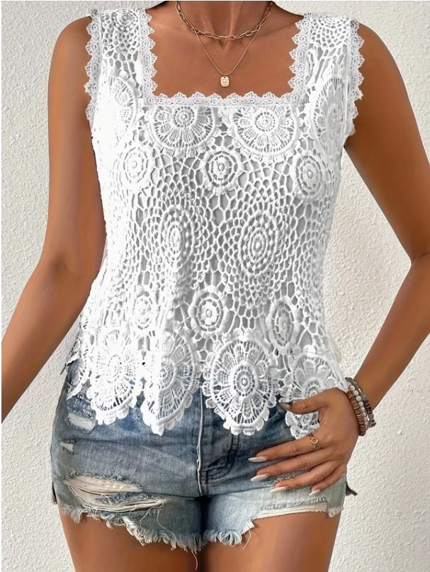 Women's Square Neck Lace Hollow Out Sleeveless Top Breathable Solid Color Summer Shirt Fashion Vest_ecoleips.com