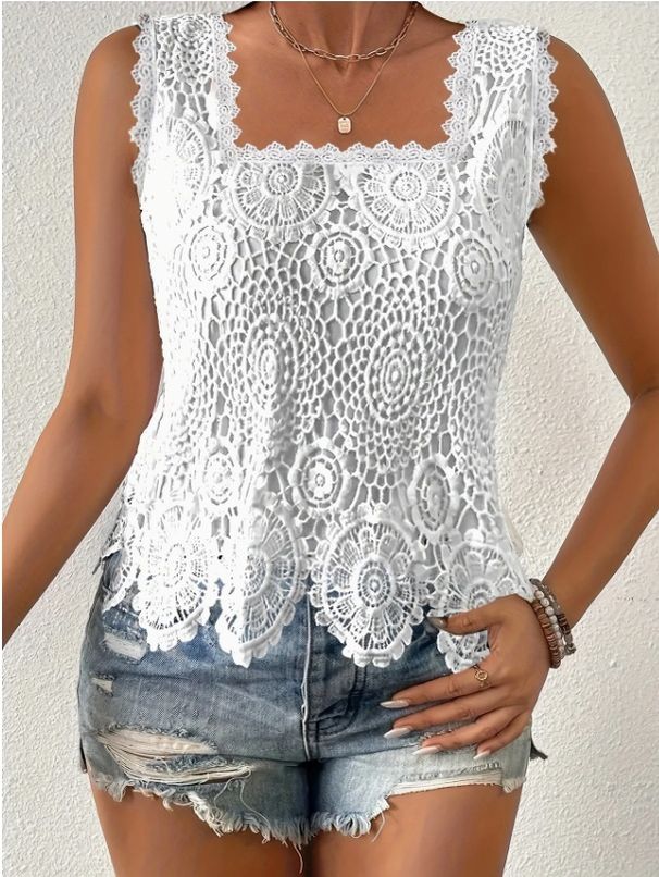 Women's Square Neck Lace Hollow Out Sleeveless Top Breathable Solid Color Summer Shirt Fashion Vest_ecoleips.com