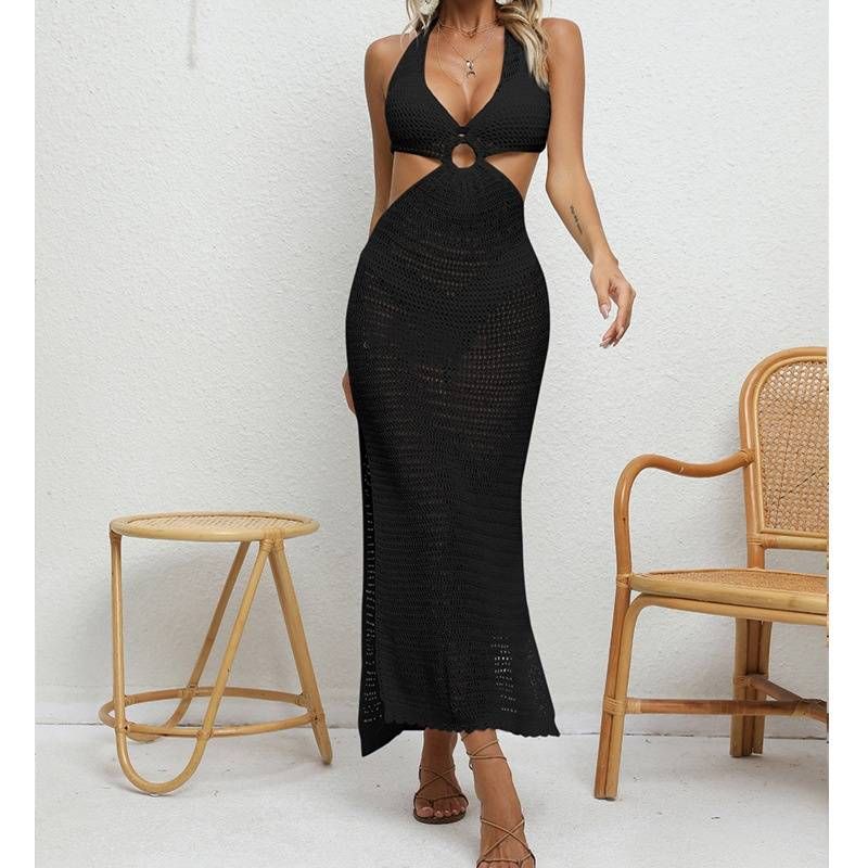 Women's Clothing Leisure Vacation Sexy Slim Waist Hanging Neck Strap Ring Deep V Perspective Sunscreen Long Dress_ecoleips.com