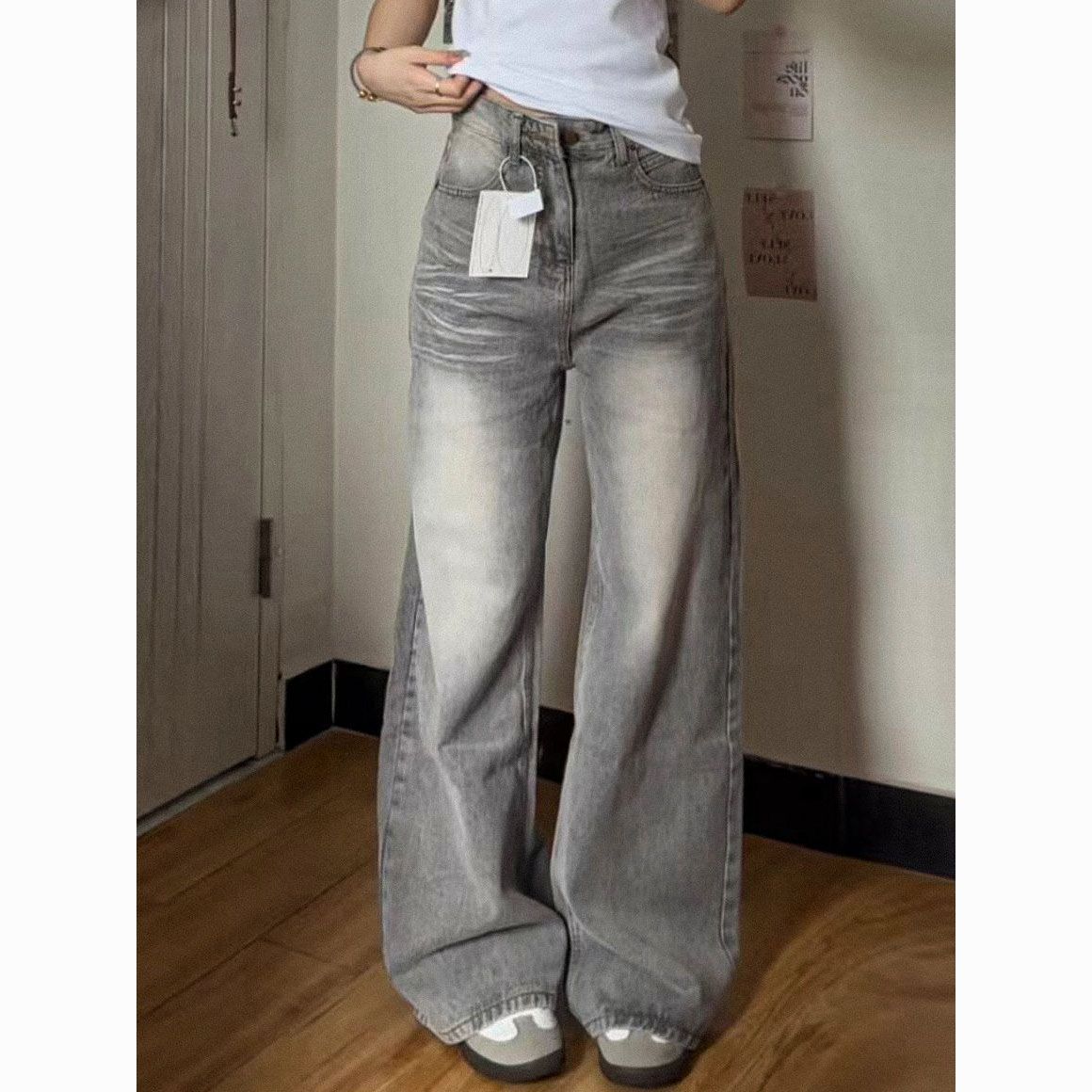 American-style Retro Distressed Light Gray High-waisted Wide-leg Jeans, With A Casual And Trendy Vibe_ecoleips.com