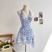 Blue Floral Mesh Dress Fashionable Elegant Casual Slim-Fitting Women's Clothing/Dress_ecoleips.com