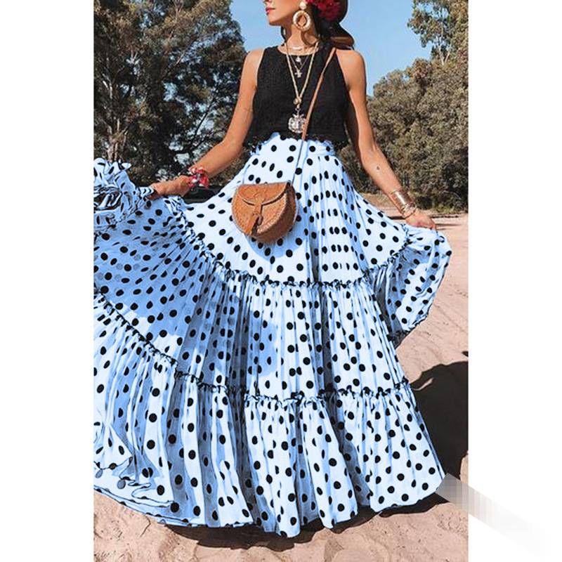 Polka Dot Maxi Skirt – Stretchy Polyester Wrap Skirt With Side Slit (White/Pink/Yellow/Purple/Peacock Blue) – Versatile Work-to-Weekend Elegance_ecoleips.com
