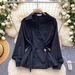 Women's Korean Style Blue Suit Collar Shirt With Tie Waist Slimming Elegant Top Long Sleeves For Spring Loose Fit Blouse_ecoleips.com