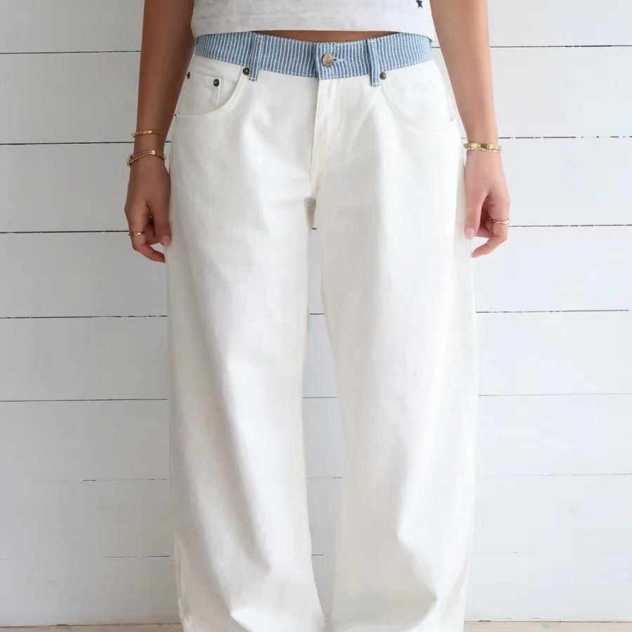 Women's Clothing Spring/Summer Color-Block Straight-Leg Jeans Casual Webbing Decorated Elegant Design New Style_ecoleips.com