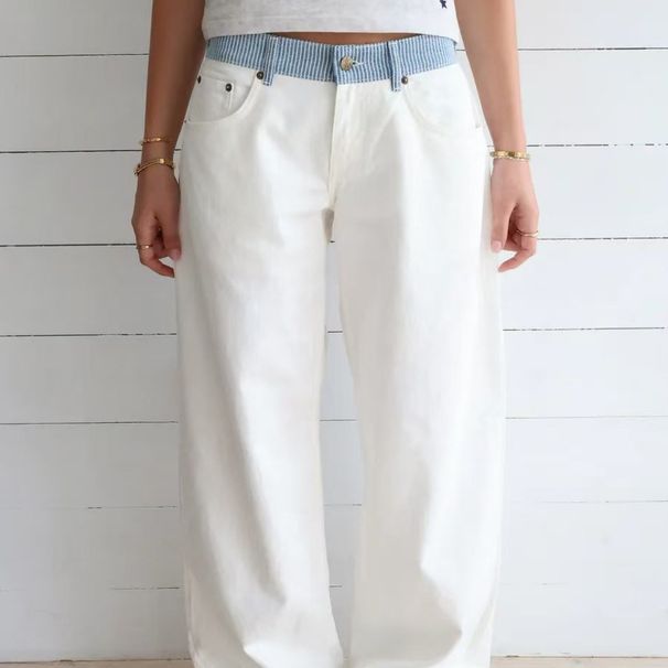 Women's Clothing Spring/Summer Color-Block Straight-Leg Jeans Casual Webbing Decorated Elegant Design New Style_ecoleips.com