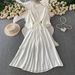 Elegant Pleated Round Neck Dress For Women Commuter Style Three Quarter Sleeve Slimming A-Line Long Skirt Casual Summer_ecoleips.com