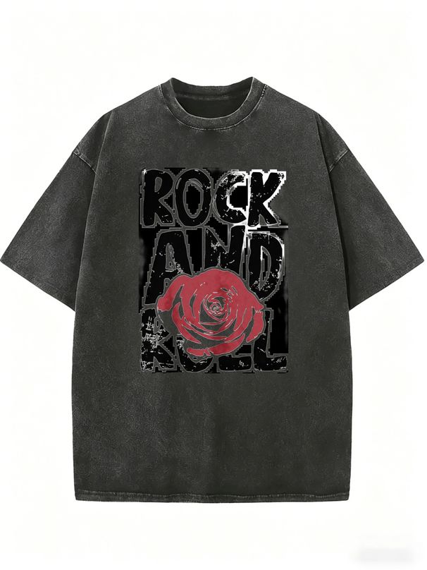 Women's Y2K Rock And Roll Graphic T-Shirt, Vintage Red Rose Print Grunge Casual Tee_ecoleips.com