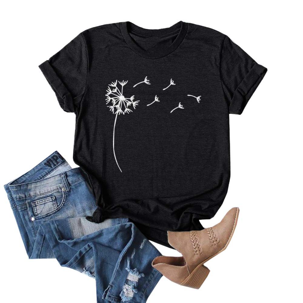 Cicy Bell Women's Dandelion Print T Shirts Cute Graphic Tees Short Sleeve Summer Cotton Tee Tops_ecoleips.com