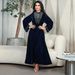 Blue Long-sleeved Velvet Dress With Rhinestones For Middle Eastern Women In Dubai_ecoleips.com