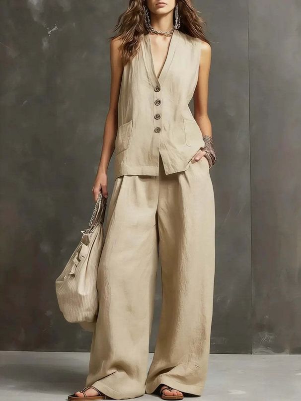 Women's Cotton Linen Two-Piece Set Sleeveless Vest And Wide Leg Pants Fashion_ecoleips.com