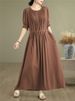 Cotton Vintage Casual Loose Solid Color Dresses For Women Spring Summer Short Sleeve Dress Femme Robe Vestidos Elegant Clothing_ecoleips.com