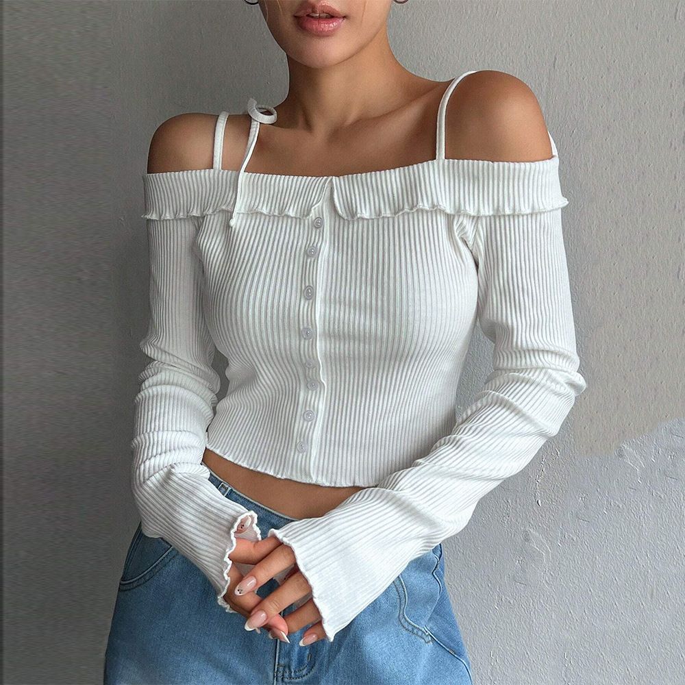 Voya Women's Simple And Sweet Style T-shirt With Spring And Summer One Neck Strap Short Long Sleeved Top_ecoleips.com