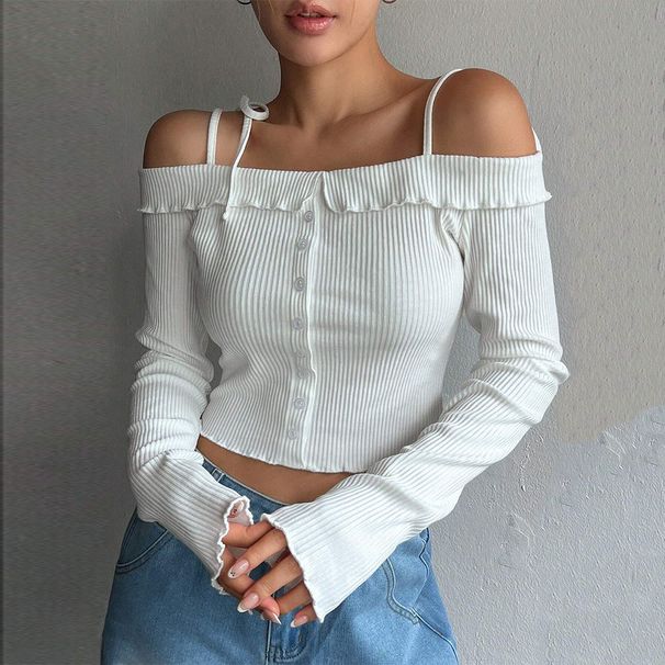 Voya Women's Simple And Sweet Style T-shirt With Spring And Summer One Neck Strap Short Long Sleeved Top_ecoleips.com