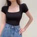 Square Collar Short-sleeved T-shirt Women's Summer Tight Big Neckline Exposed Collarbone French Retro Sexy Half-sleeved Top_ecoleips.com